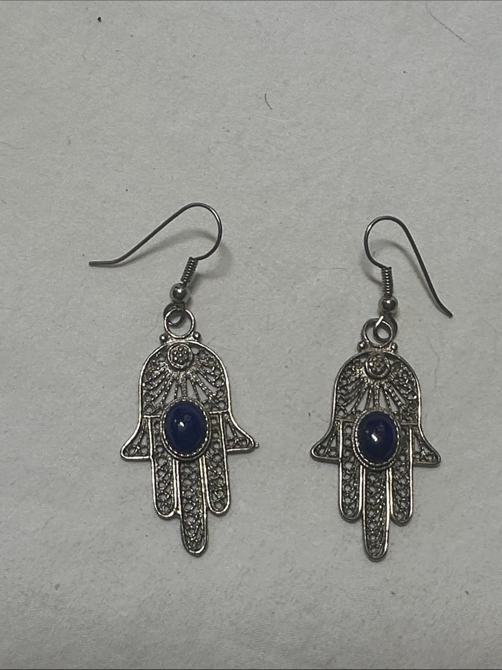 Hamsa Hand Drop Earrings with Blue Stone Accent - Silver Tone